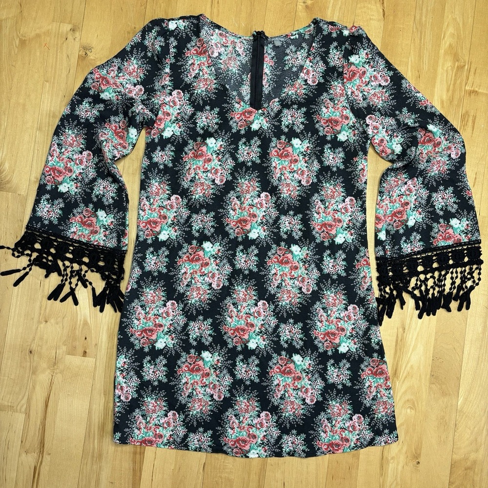 Y2k Black Floral Lace Babydoll Dress Bell Sleeve Whimsigoth Romantic Fairy Med